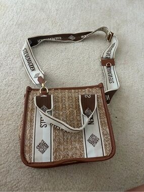 Steve Madden Cream and Brown Woven Crossbody with Logo Strap